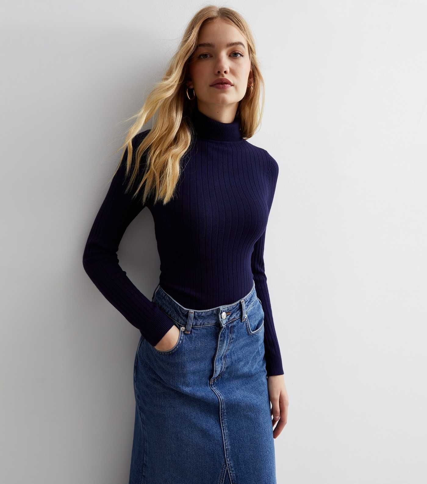 Navy Ribbed Knit Roll Neck Jumper | New Look | New Look (UK)