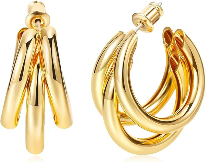 FAUTHENTICUTE 14K Gold Plated hoops Huggie Earrings for Women, Chunky Gold Split Huggie Earrings ... | Amazon (US)