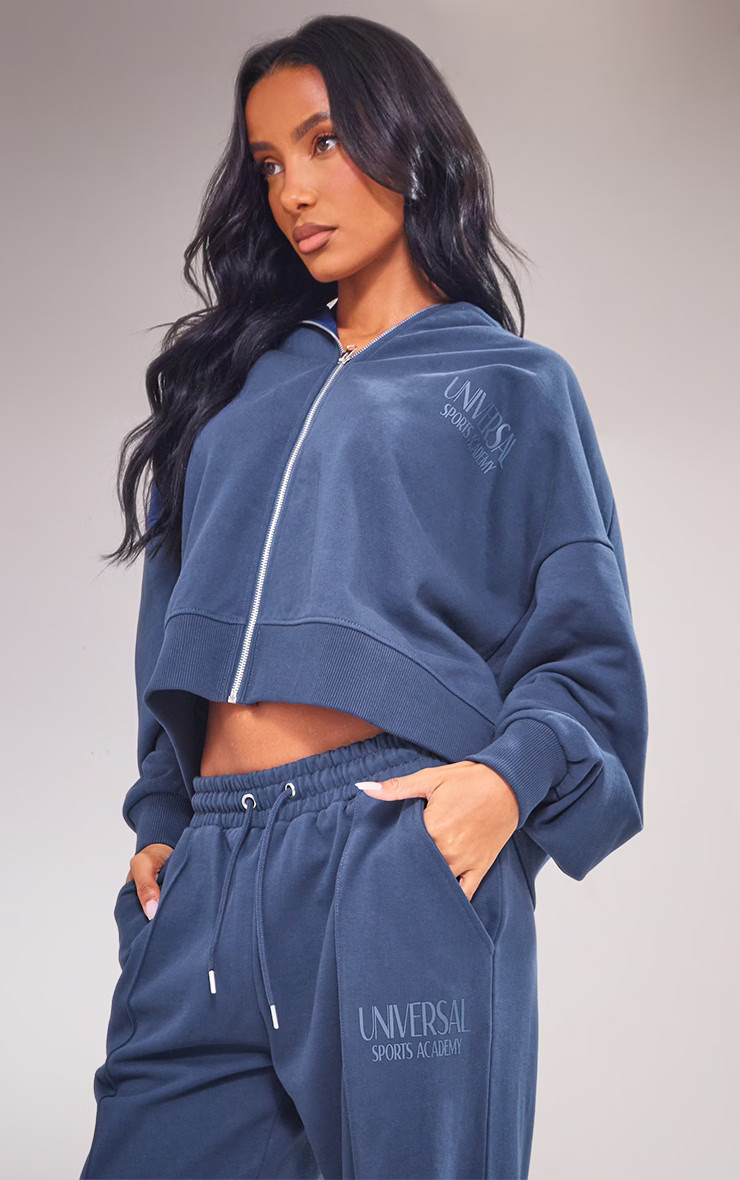 Navy Premium Tonal Print Zip Up Boxy Hoodie | Pretty Little Thing (Australia & New Zealand)