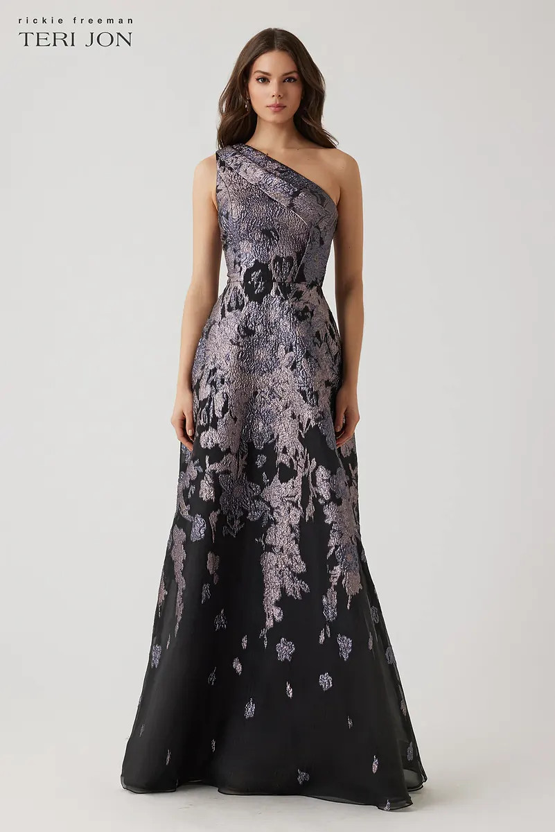 Floral Metallic Jacquard Pleated One Shoulder Gown | TERI JON