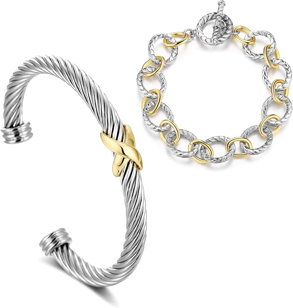 2PCS Twisted Cable Bracelet Chain, Fashion Two Tone Link Chain and Wire Cuff Bracelet Set Open Ad... | Amazon (US)