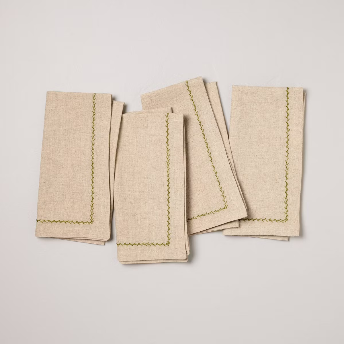Set of 4 Embroidered Border Cloth Napkins Natural/Green - Hearth & Hand™ with Magnolia | Target