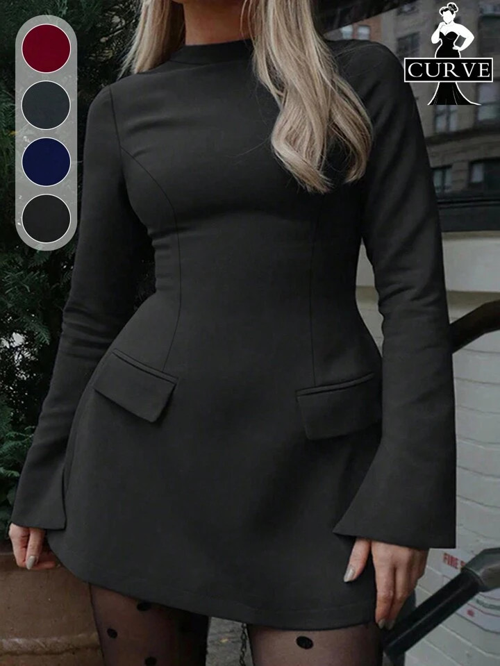 Plus Size Women Elegant Long Sleeve Fitted Solid Color Mini Dress, Autumn | SHEIN
