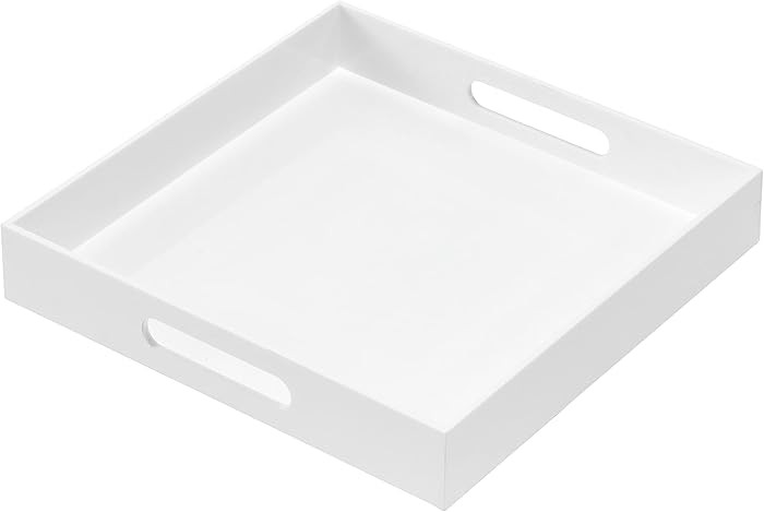 Glossy White Acrylic Serving Tray with Handles, 12x12x2H Inches - Spill Proof, Decorative Trays f... | Amazon (US)