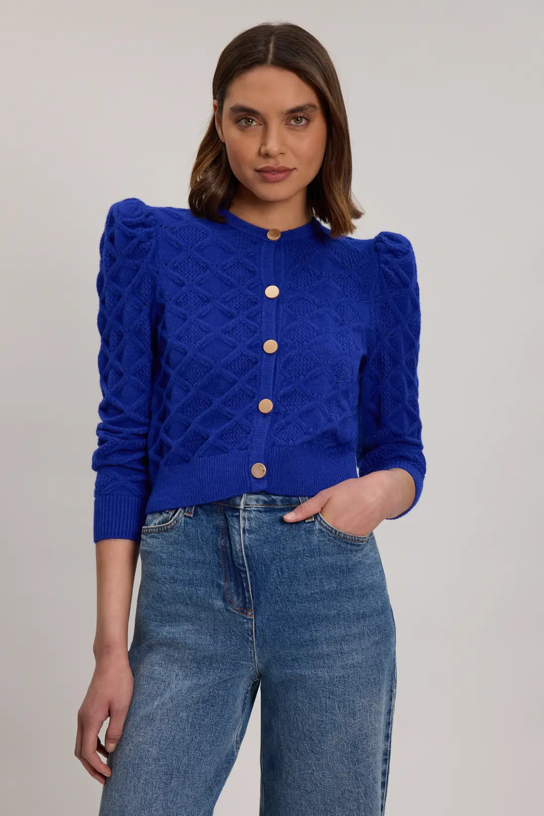Cable Stitch Puff Sleeve Knit Cardigan | Karen Millen