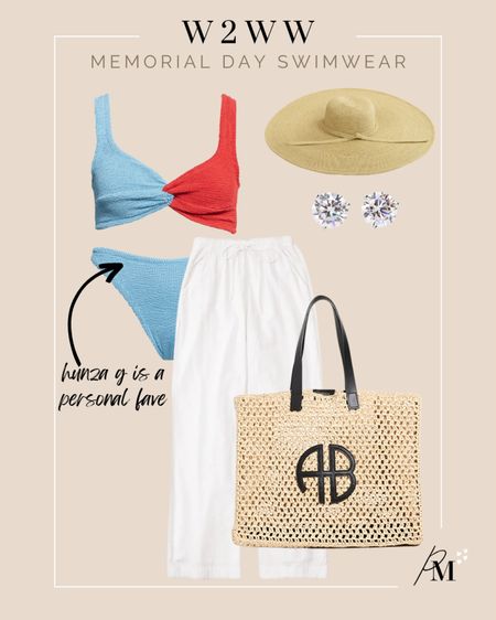 hunza g colorblock bikini
abercrombie pull on linen pants 
anine bing rio tote
floppy straw hat 

#LTKFind #LTKSeasonal #LTKswim