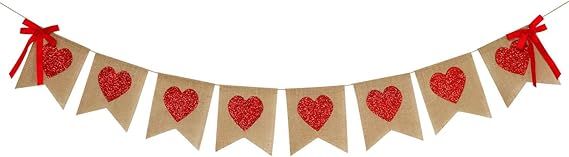 Burlap Heart Banner Garland | Red Glitter Heart | Valentine's Day Decorations| Rustic Valentines ... | Amazon (US)