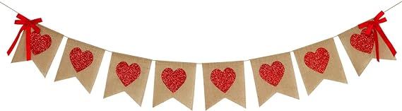 Burlap Heart Banner Garland | Red Glitter Heart | Valentine's Day Decorations| Rustic Valentines ... | Amazon (US)