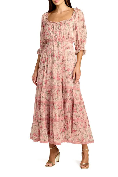 Mac Duggal Floral Printed Scoop Neck Midi Dress With 3/4 Sleeves in Pink Multi at Nordstrom | Nordstrom
