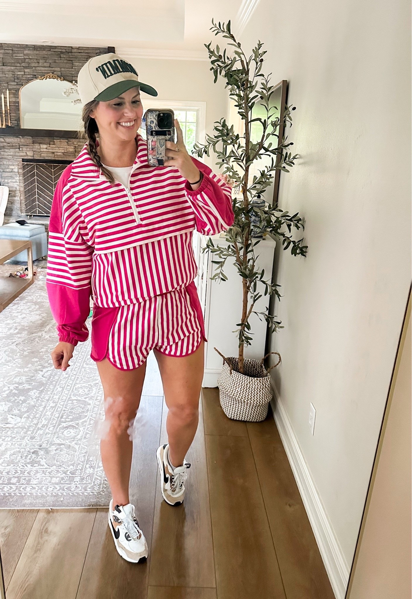 Casual fall outfit im loving! Love this striped two piece set to throw on and go with a basic white tee, Threw on my fave new sneakers and mommin’ trucker hat! Wearing size M 

Sports mom outfit, millenial style, striped set, white tee, Nike lifestyle sneakers

#LTKActive #LTKTravel #LTKootd