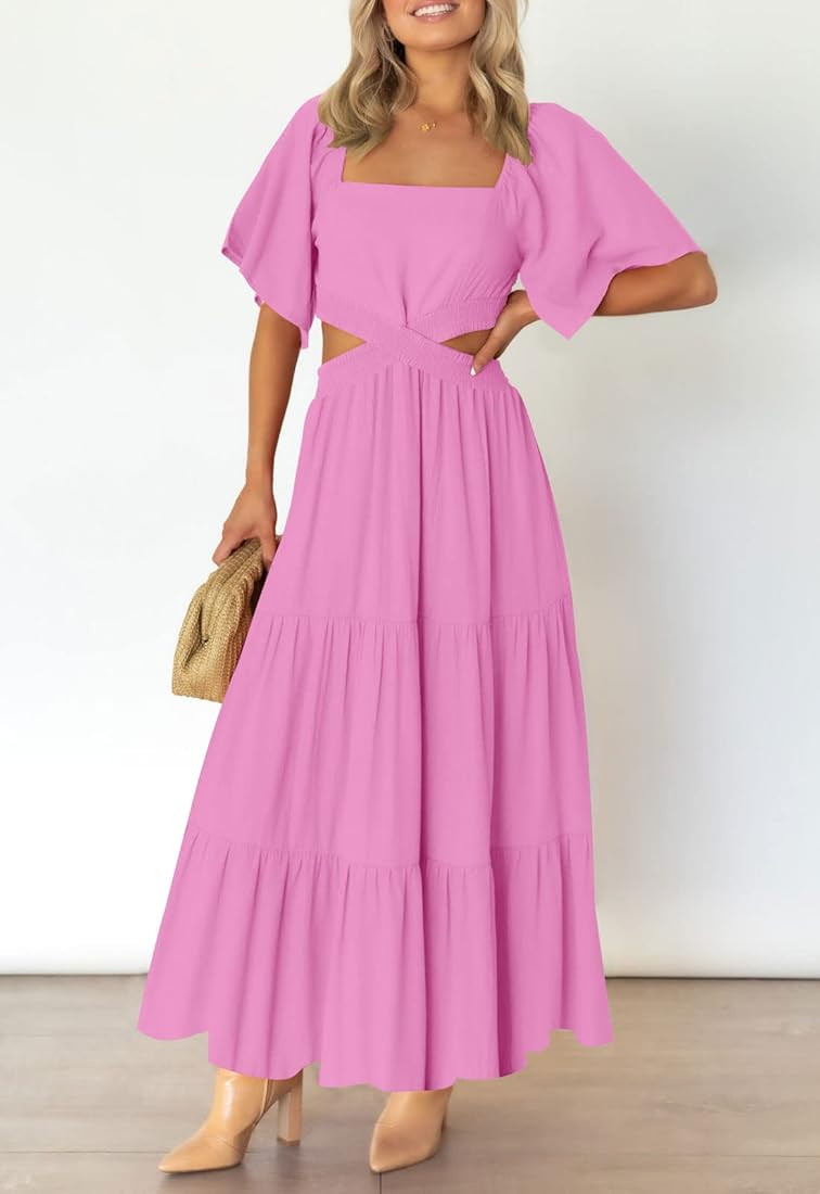 LEANI Women's 2024 Summer Cutout Maxi Dress Square Neck Short Sleeve Crossover Waist Casual Party Dresses | Amazon (US)