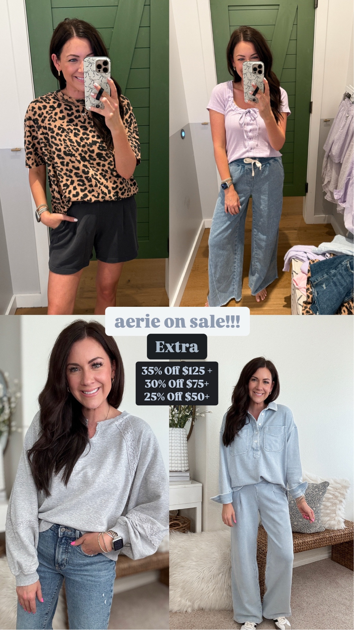 Aerie on sale!!! Code: BESTIES35
35% Off $125 +
30% Off $75+
25% Off $50+
A stackable sale worth talking about🙌🏼
Leopard tee-small
Sweat short-xs, run tts
Comfy pull on pants-small
Purple tee-medium
Grey pullover-small
Henley pullover-xs
Sweats-xs regular 

#LTKSeasonal #LTKSaleAlert #LTKFindsUnder50