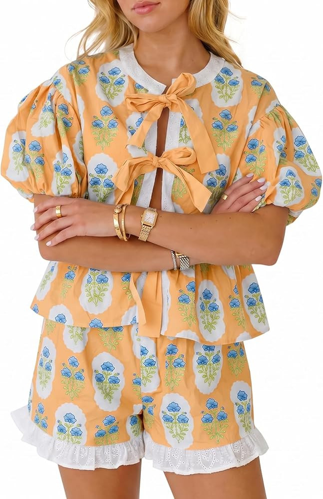 Amazon.com: Aoysky Womens Floral 2 Piece Short Sets Summer Vacation Outfits Puff Sleeve Babydoll ... | Amazon (US)