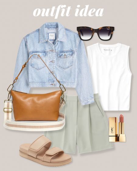 Cropped denim jacket
White tank top 
Mint green shorts 
High waisted shorts 
Tortoise sunglasses 
Brown leather bag 
Brown shoulder bag 
Brown Crossbody bag 
Pink lipstick 
Beige slide sandals 
Dad sandals 
Abercrombie 
Casual spring outfit 
Casual summer outfit 
Vacation outfit 

#LTKSeasonal #LTKGiftGuide #LTKunder100