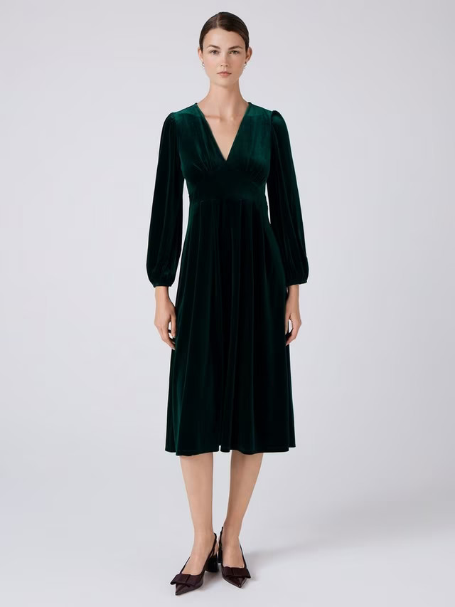 Ghost Kimberley Velvet V-Neck Midi Dress | John Lewis (UK)