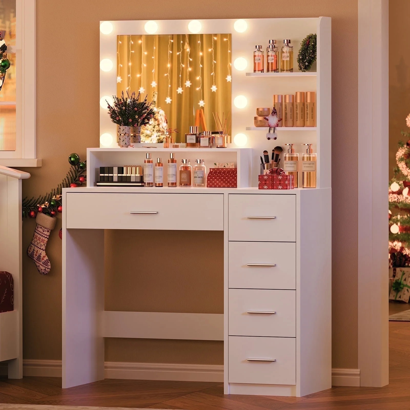 Makeup Vanity Set with Mirror & Lights, Vanity Desk with 5 Drawers & Storage Shelves, Makeup Vani... | Walmart (US)