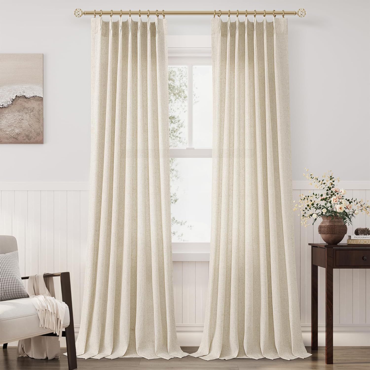 Pinch Pleat Linen Curtains 90 Inches Long for Living Room Light Filtering Burlap Flax Back Tab Pl... | Amazon (US)