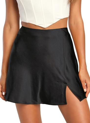 Womens High Waisted Satin Mini Skirts A Line Elastic Waistband Going Out Mini Silk Skirts with Slit Black Small | Amazon (US)