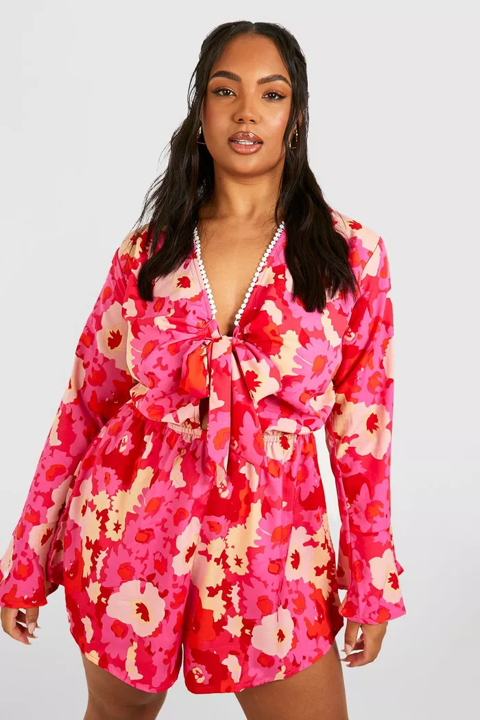 Plus Woven Floral Print Tie Front Romper | boohoo (US & Canada)