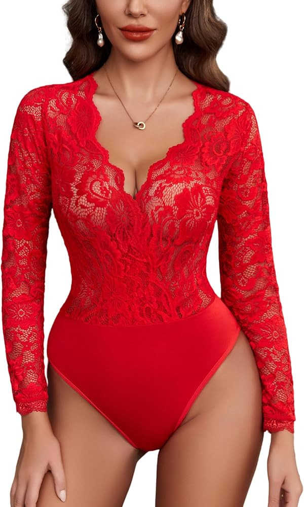 Avidlove Lace Bodysuit for Women Sexy Long Sleeve V Neck Body Suits Going Out Tops Snap Crotch On... | Amazon (US)
