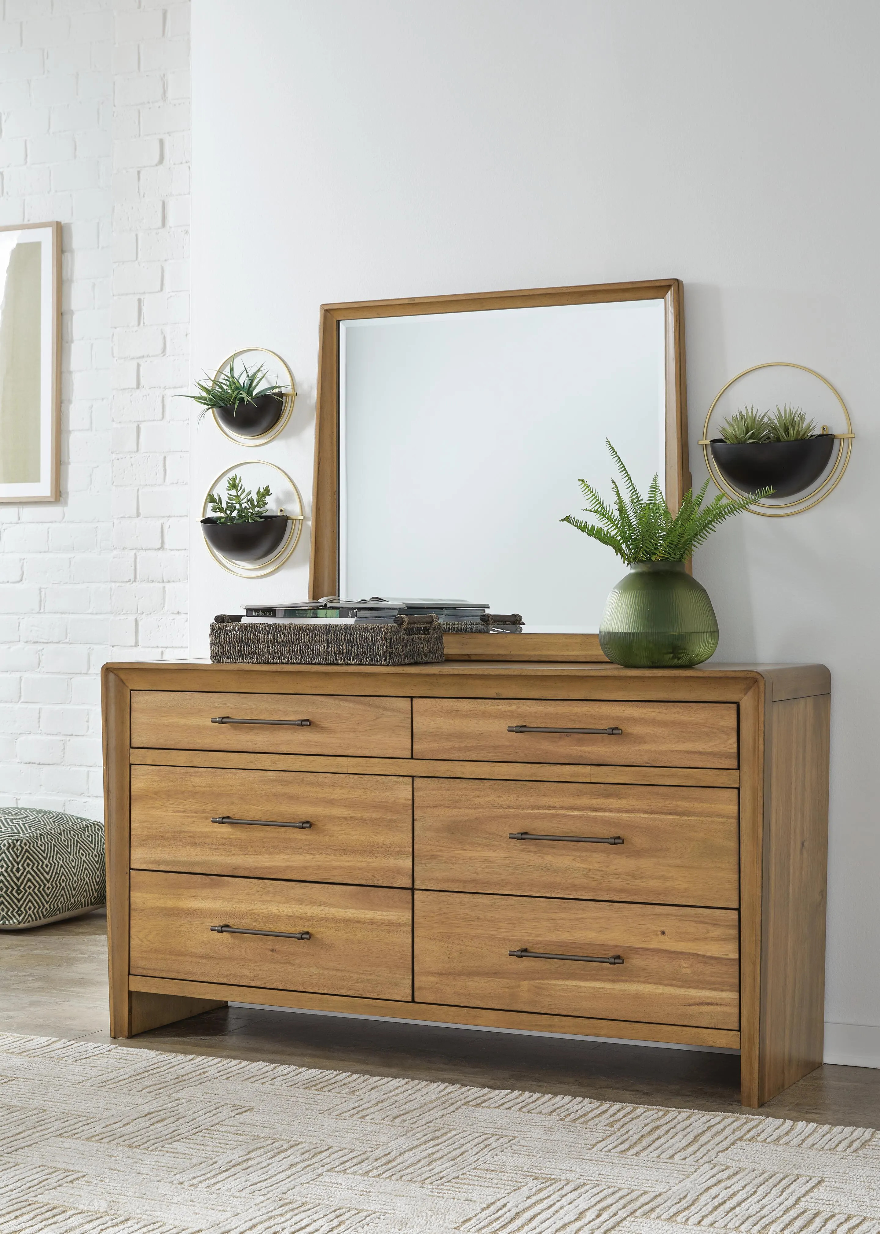 Takston 6 Drawer Dresser and Mirror, Light Brown | Ashley