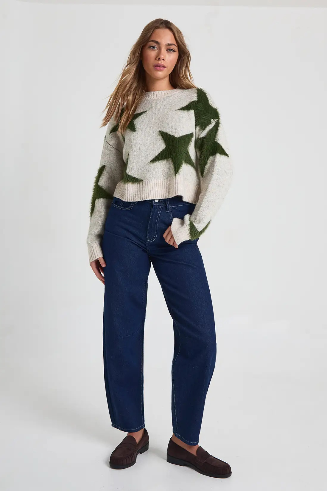 Crew Neck Fluffy Knit Star Print Jumper | Boohoo.com (UK & IE)