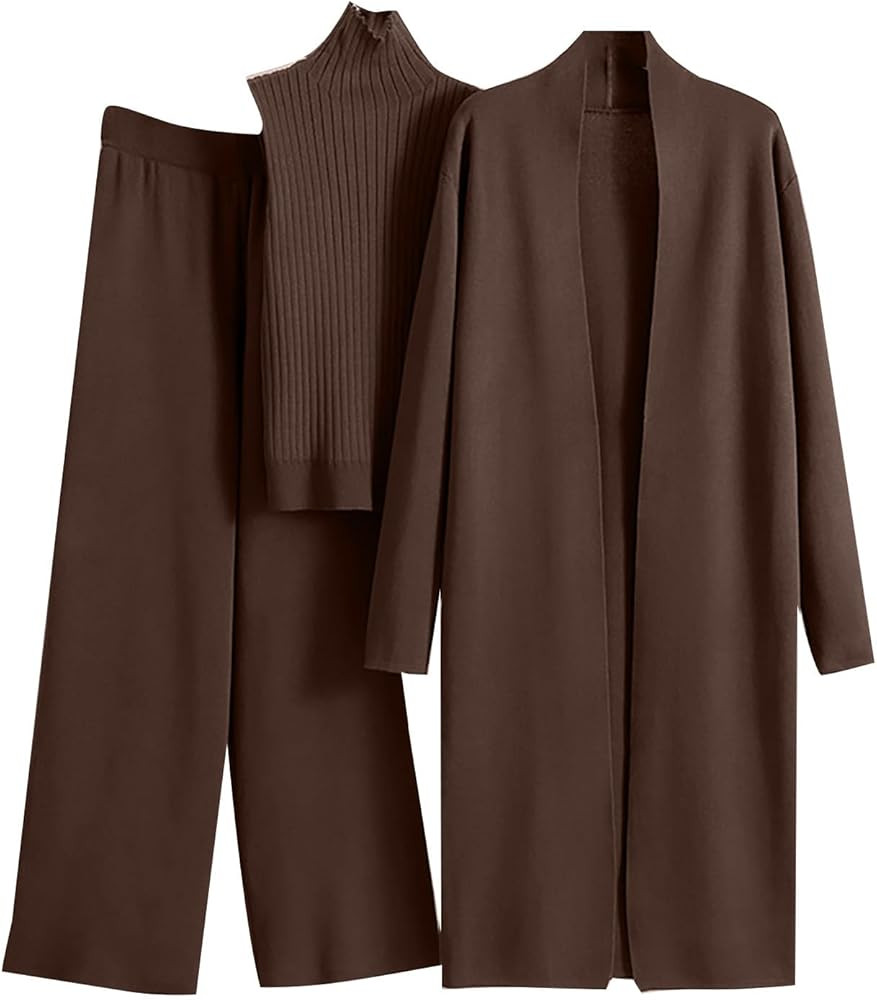 Women's 3 Piece Knit Lounge Set, Long Sleeve Cardigan Sleeveless Turtleneck Tank Top and Wide Leg... | Amazon (US)