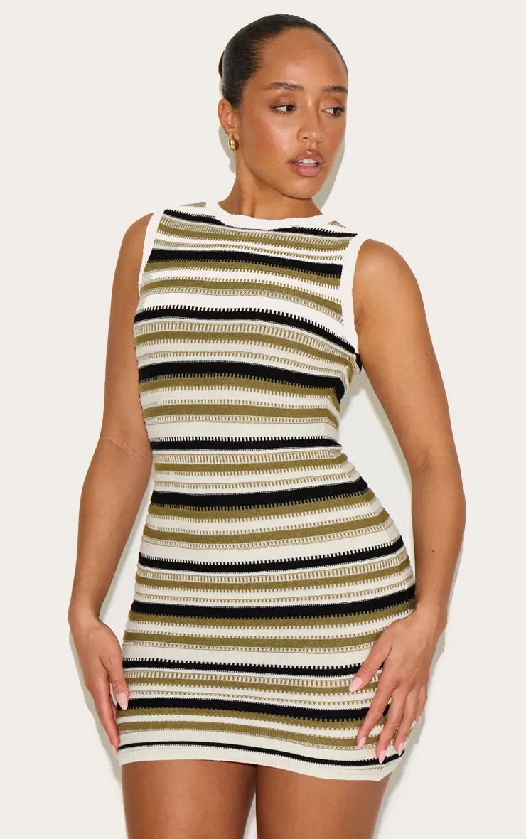 Shape Olive Knitted Striped Mini Dress | PrettyLittleThing UK