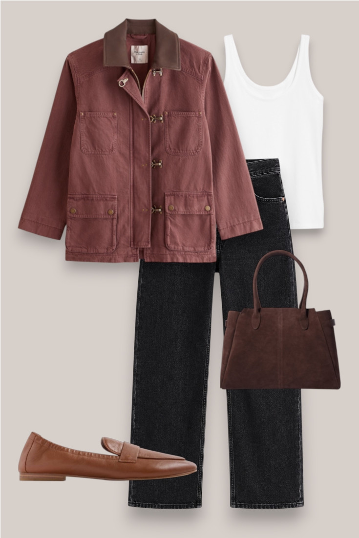 Such an easy way to wear burgundy this fall 🍂 Pair a barn jacket with a simple white tank, black wide-leg jeans and brown accessories for an effortless everyday outfit.

#barnjacket #burgundy #blackjeans #falloutfit #widelegjeans

#LTKautumn #LTKworkwear #LTKstyletip