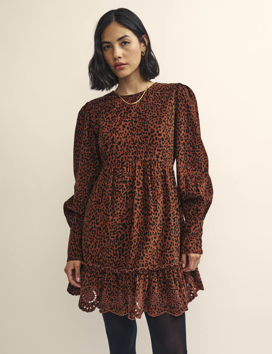 Leopard Print Cord Eyre Broderie Trim Smock Mini Dress | Nobody's Child