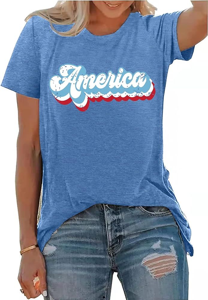 4th of July Shirts for Women America Printed Tshirt Patriotic Vintage USA Tee Tops | Amazon (US)
