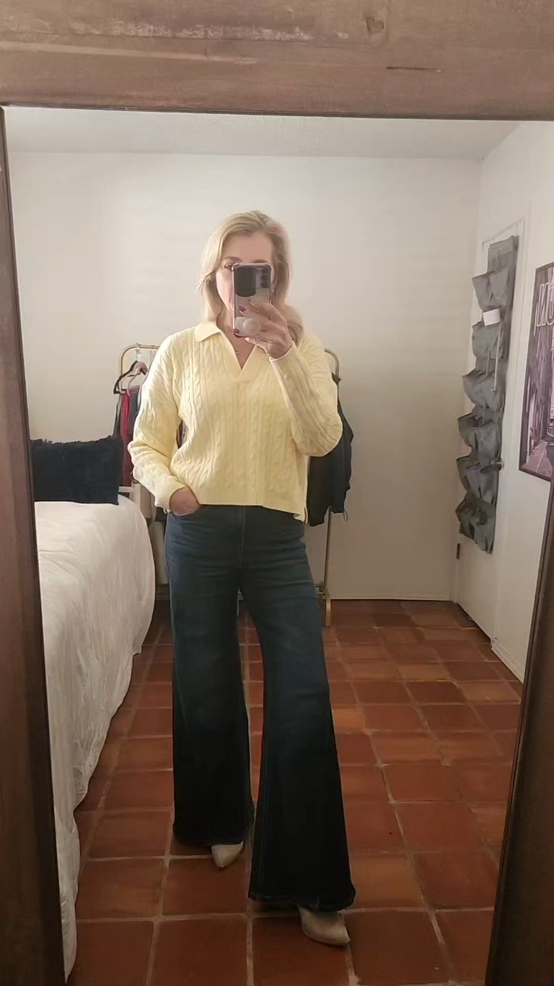 My ootd is on point. These jeans are a complete dupe for a designer viral pair of jeans. Also, this cute sweater is very lightweight which makes it perfect to transition to spring. Tts in both piecesYellow, butter yellow, trending color, jeans, viral jeans, jeans dupe, casual looks, fashion tips, styled looks, womens fashion, work casual Fridays, flare jeans, trending viral, spring looks, spring 2026, spring sweaters, spring colors, kitten heels, slides, shoe lover,

#LTKootd #LTKWorkwear #LTKgrwm