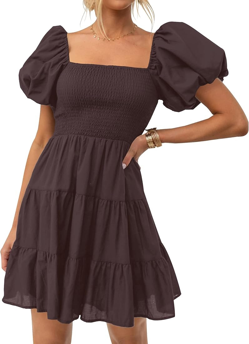 ZESICA Women's 2023 Boho Summer Square Neck Puff Sleeve Off Shoulder Smocked Tiered Casual A Line... | Amazon (US)