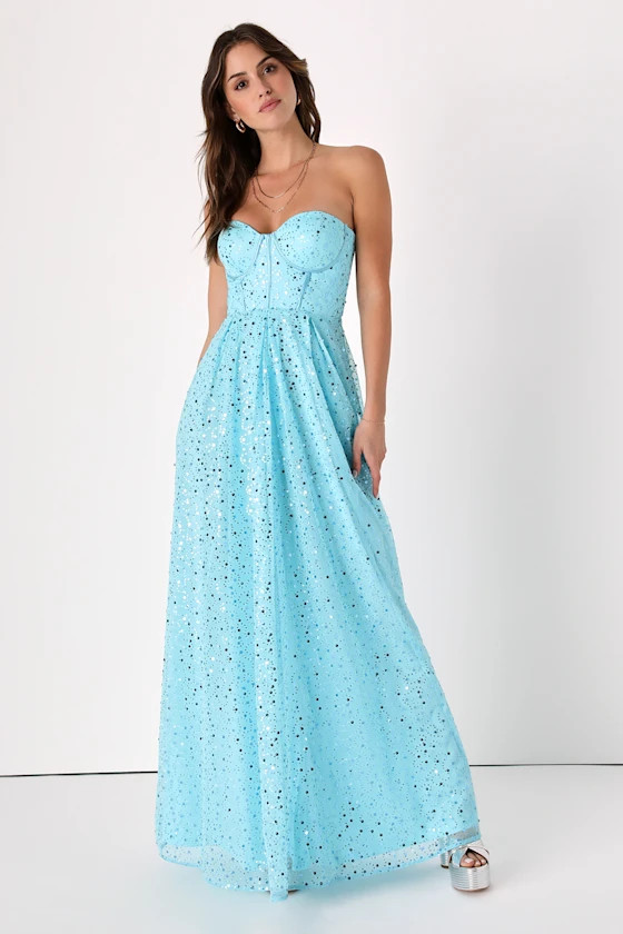 Radiant Reflection Light Blue Sequin Tulle Strapless Maxi Dress | Lulus