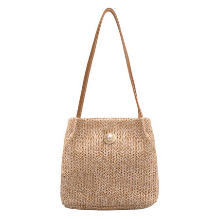 Pearl Silk Decor Shoulder Bucket Handbags Women Woven Beach Totes (Camel) | Walmart (US)