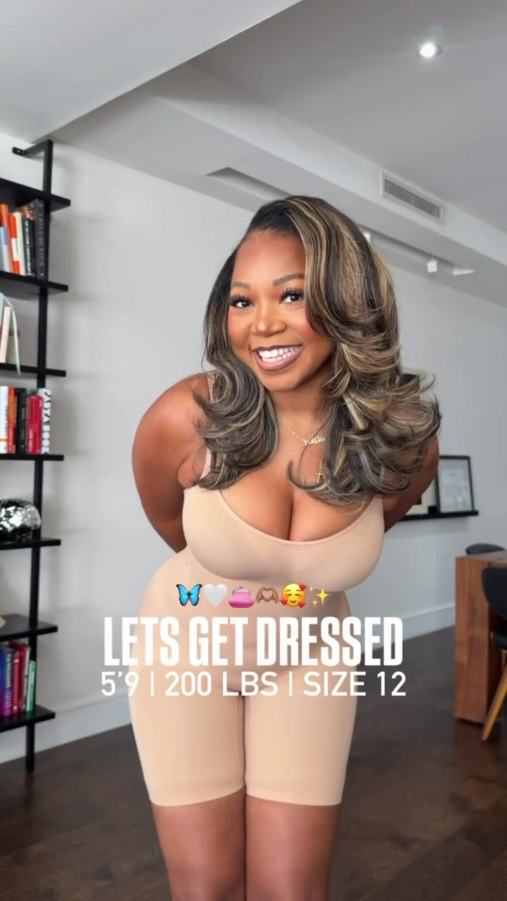 love this look! 5’9 200 lbs wearing M/L in the Shapewear, large dress. Small jacket (runs big) wearing true to size in the denim sneakers!! LOVE THEM!!