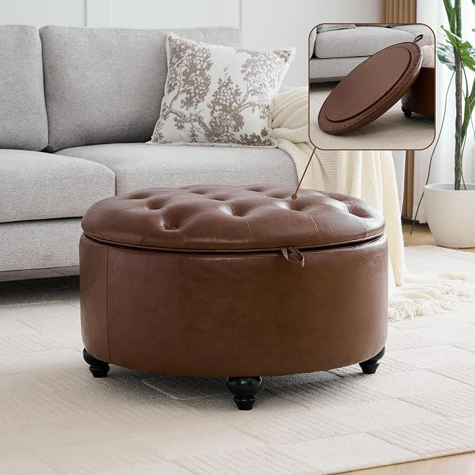 30Inch Round Storage Ottoman with Tray, Modern Tufted Leather Circle Coffee Table with Storage, U... | Amazon (US)