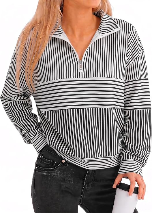Fisoew Womens Quarter Zip Color Block Sweatshirt Long Sleeve Striped Half Zip Pullover Casual Ove... | Amazon (US)