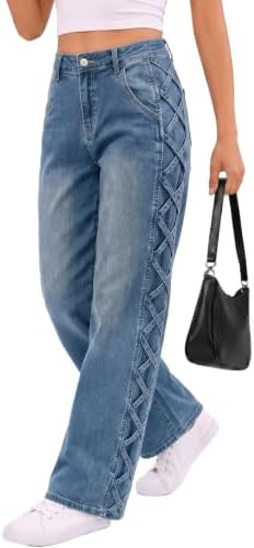 Sidefeel Womens Jeans High Waisted Stretchy Wide Leg Y2K Retro Crisscross Strap Side Casual Stree... | Amazon (US)