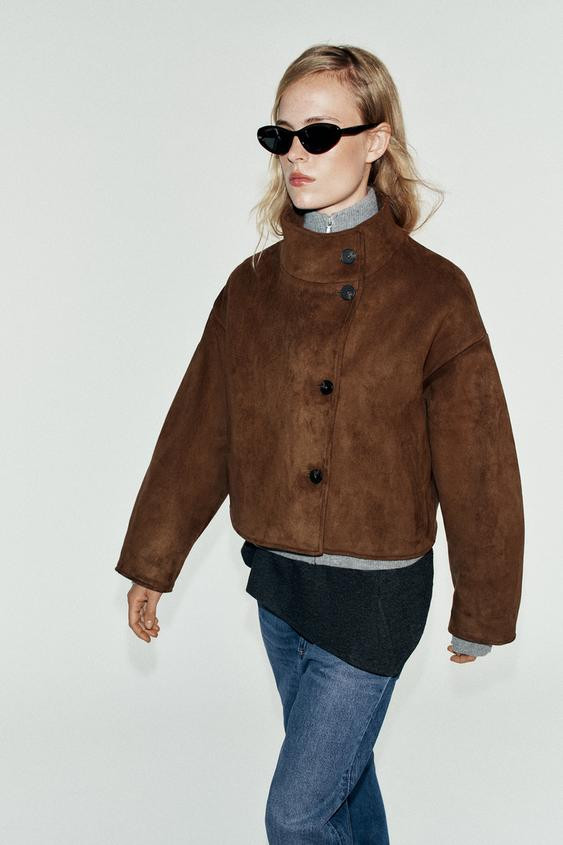 Zara - Short Faux Suede Jacket - Women - Khaki - Women | Zara US