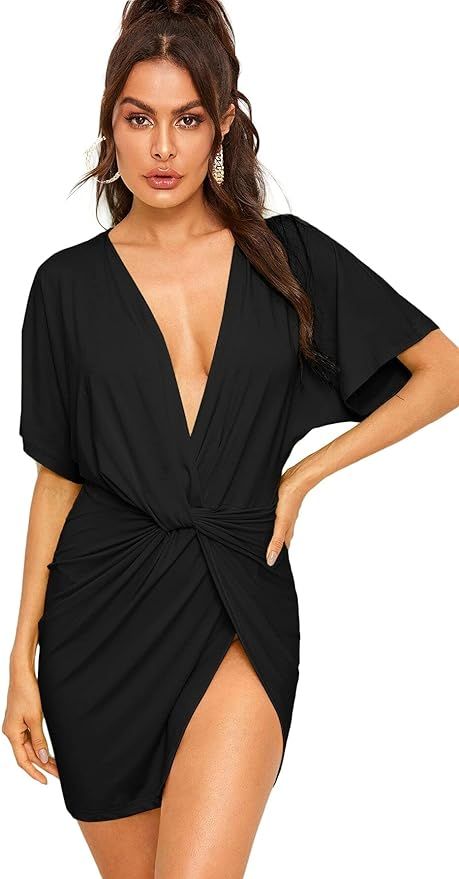 Floerns Women's Deep V Neck Twisted Plunging High Slit Mini Party Dress | Amazon (US)