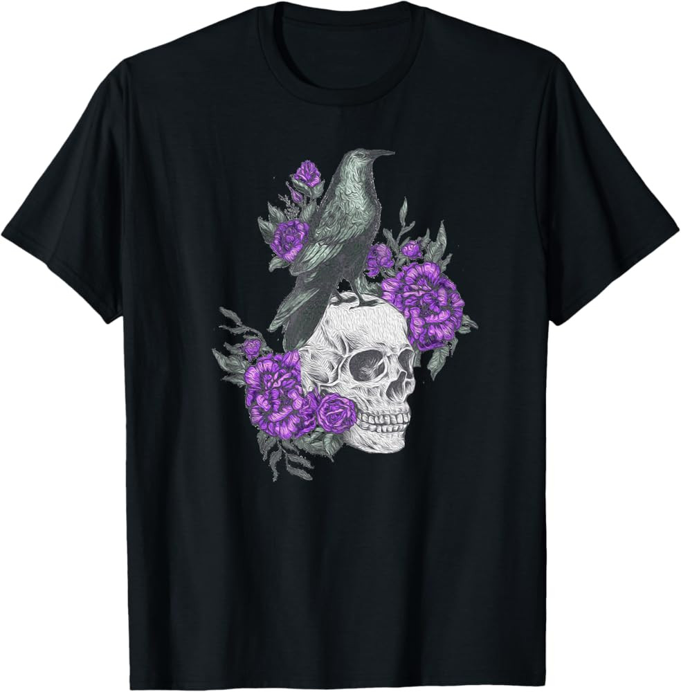 Vintage Sugar Skull and Crow Purple Rose Day of the Dead T-Shirt | Amazon (US)