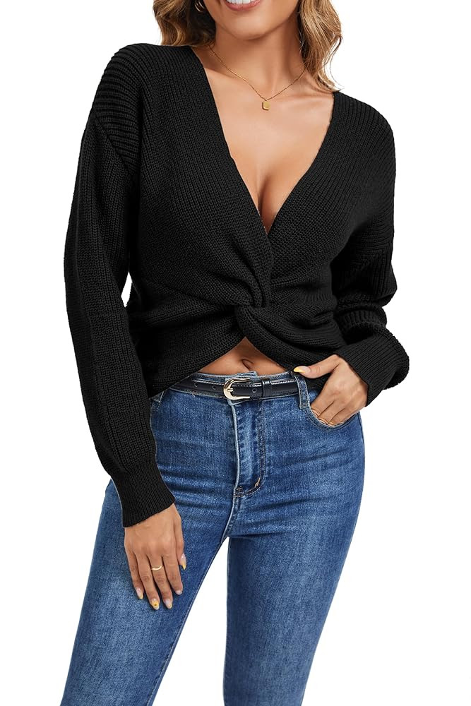 Sixstar Women's Long Sleeve Crop Batwing Sweaters V Neck Criss Cross Twisted Cropped Tops Sexy Pu... | Amazon (US)