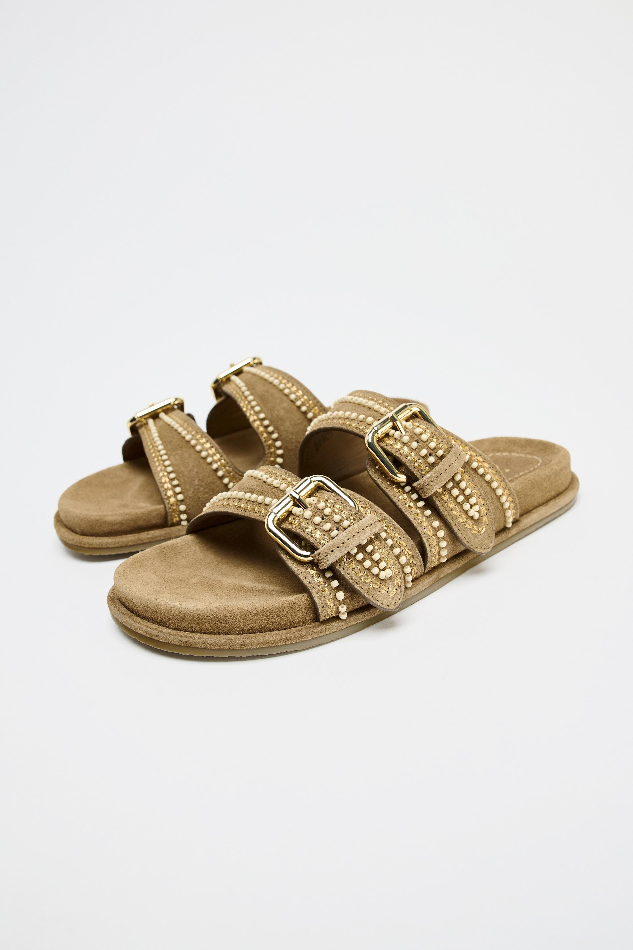 EMBROIDERED SUEDE SLIDE SANDALS | Zara US