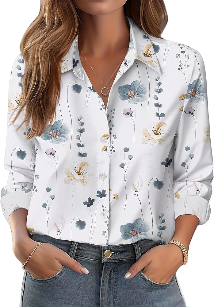 Zeagoo Button Down Shirts for Women Dressy Floral Printed Long Sleeve Blouse Business Casual Work... | Amazon (US)