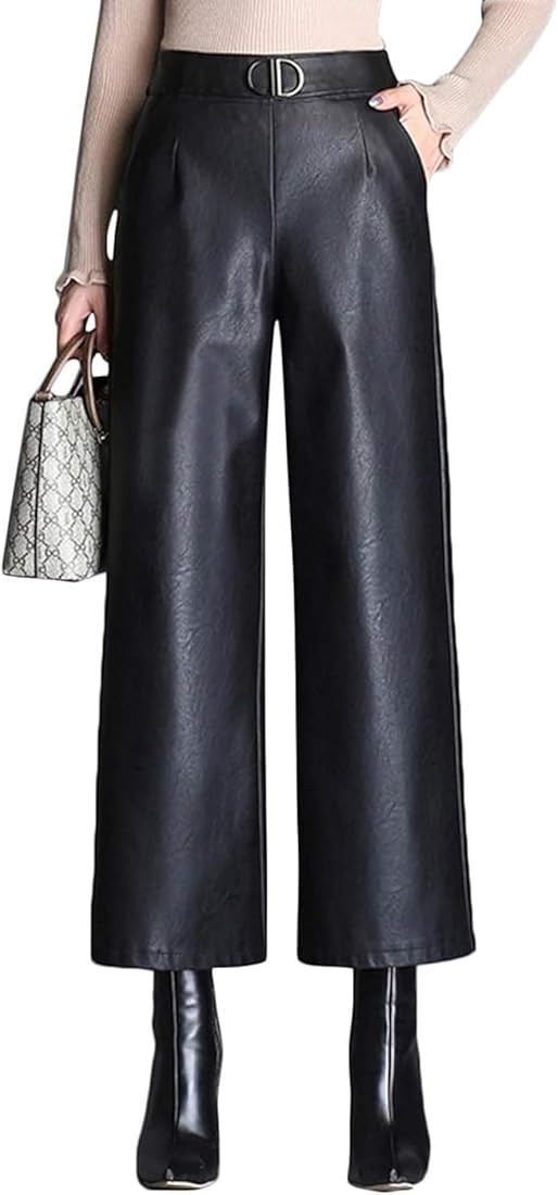 HaoMay Women's High Waist Wide Leg PU Faux Leather Cropped Pants Culottes | Amazon (US)