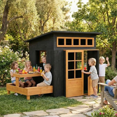 Outdoor Playhouse, Wooden Kids Playhouse with Picnic Table & Benches, Chalkboards, Half Door, Windows, for Kids Ages 3-8, 6.4 ft x 4.0 ft x 4.5 ft | Target