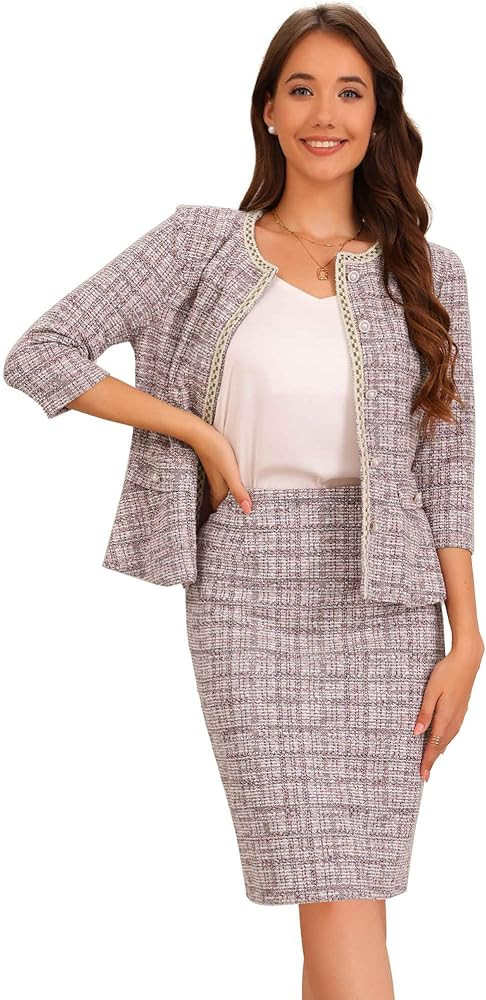 Allegra K Women's 2 Piece Tweed Skirt Set Suit Jacket Pencil Skirt Elegant Business Suits for Wom... | Amazon (US)