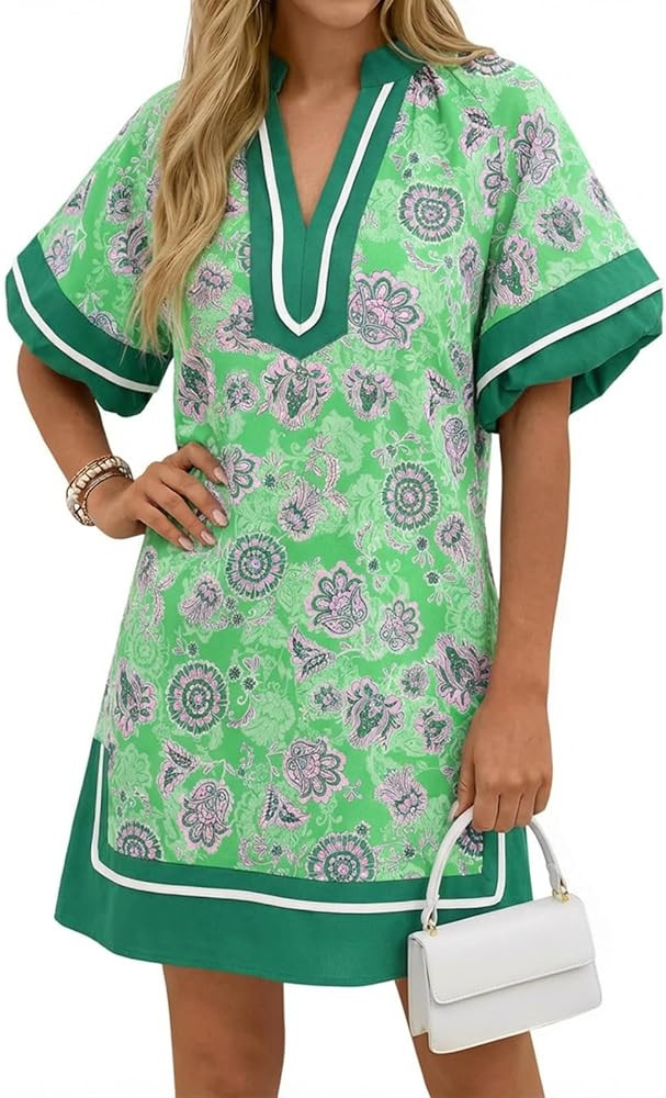 Wenrine Womens Summer Mini Dress Puff Sleeve Casual V Neck Floral Color Block Side Slit Loose Shi... | Amazon (US)