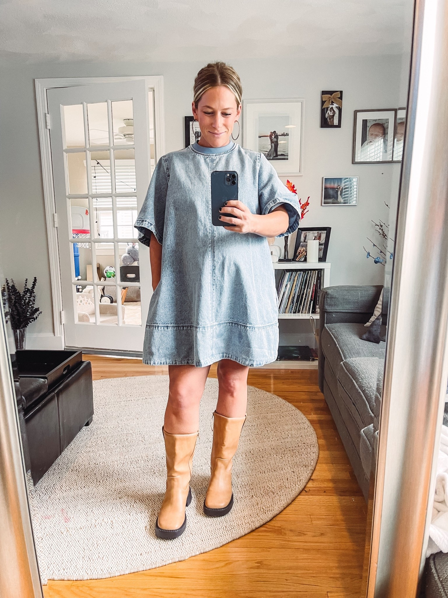 Free People denim dress 
Wearing Xs 5’1” 33 weeks pregnant 
Multi seasonal 
Cancel mid calf boot: square toe 
Thick calf friendly 

#LTKShoeCrush #LTKWorkwear #LTKBump
